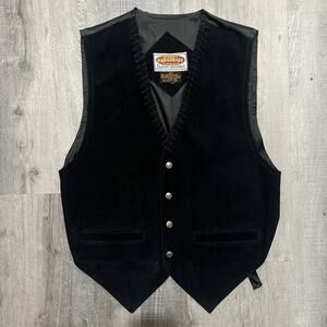 Paragraff Vest VTG Black Suede Genuine Leather Laced Waist Coat Mens L Western